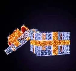 İçinden Geçilen Hediye Kutusu, 200 x 240 x 200 / 150 x 200 x 200 cm (ikili set), soğuk beyaz led gövde, turuncu led kurdele, 3d ışıklı figürler ürün fotoğrafı