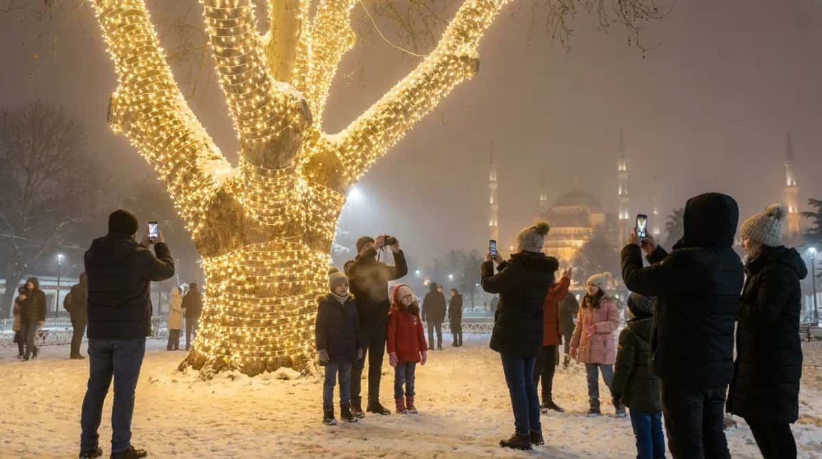 Kalın gövdeli çınar ağacının gövdesi ve dalları sıcak beyaz ip LED ile sık aralıklarla sarılmış, karlı meydan, temsili görsel