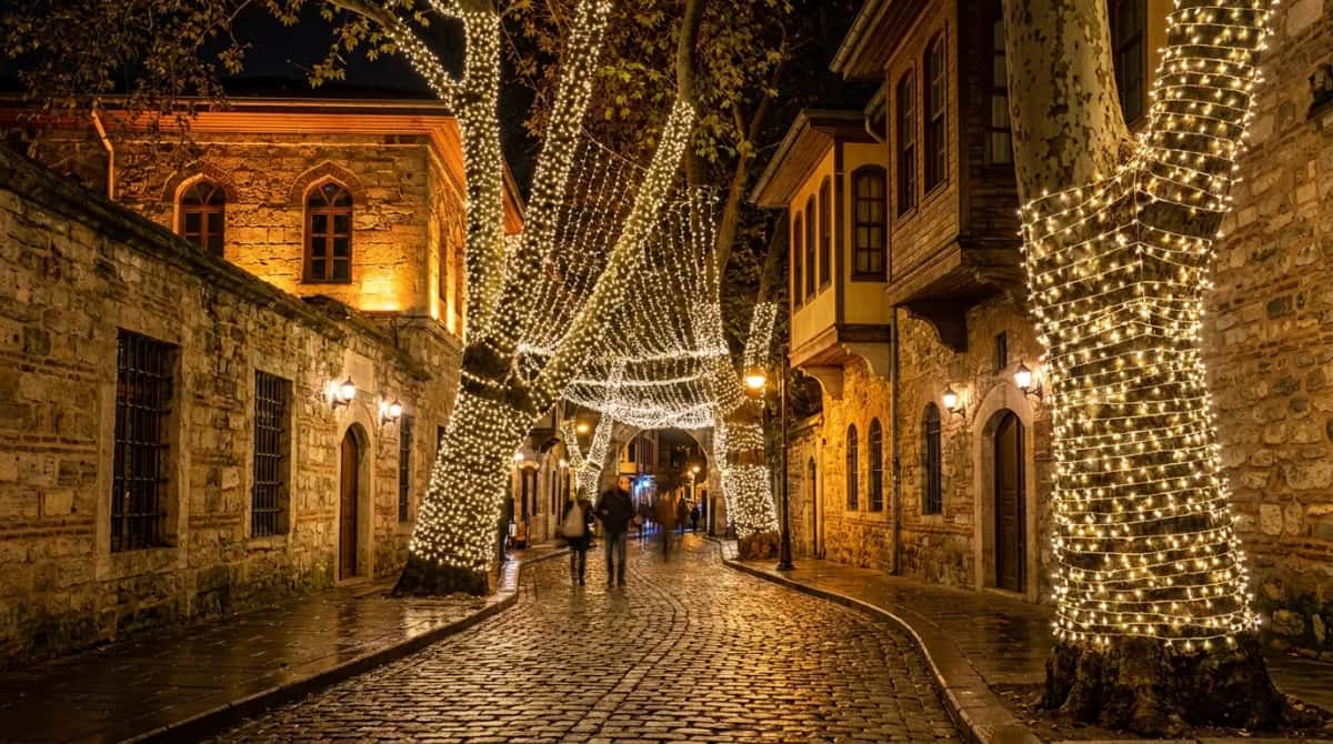 Taş döşeli sokakta ağaç gövdeleri ip LED ile sarılmış, ahşap evlerin önünde gece görünümü, temsili görsel