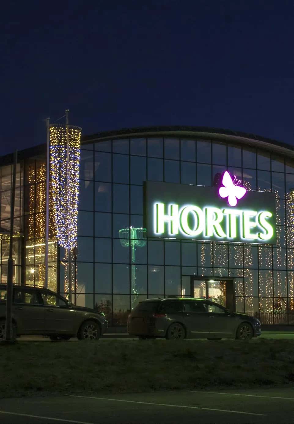 Alışveriş merkezi camlı cephesinin önünde direğe takılı uzun sarkıt ışık süsü, alacakaranlık