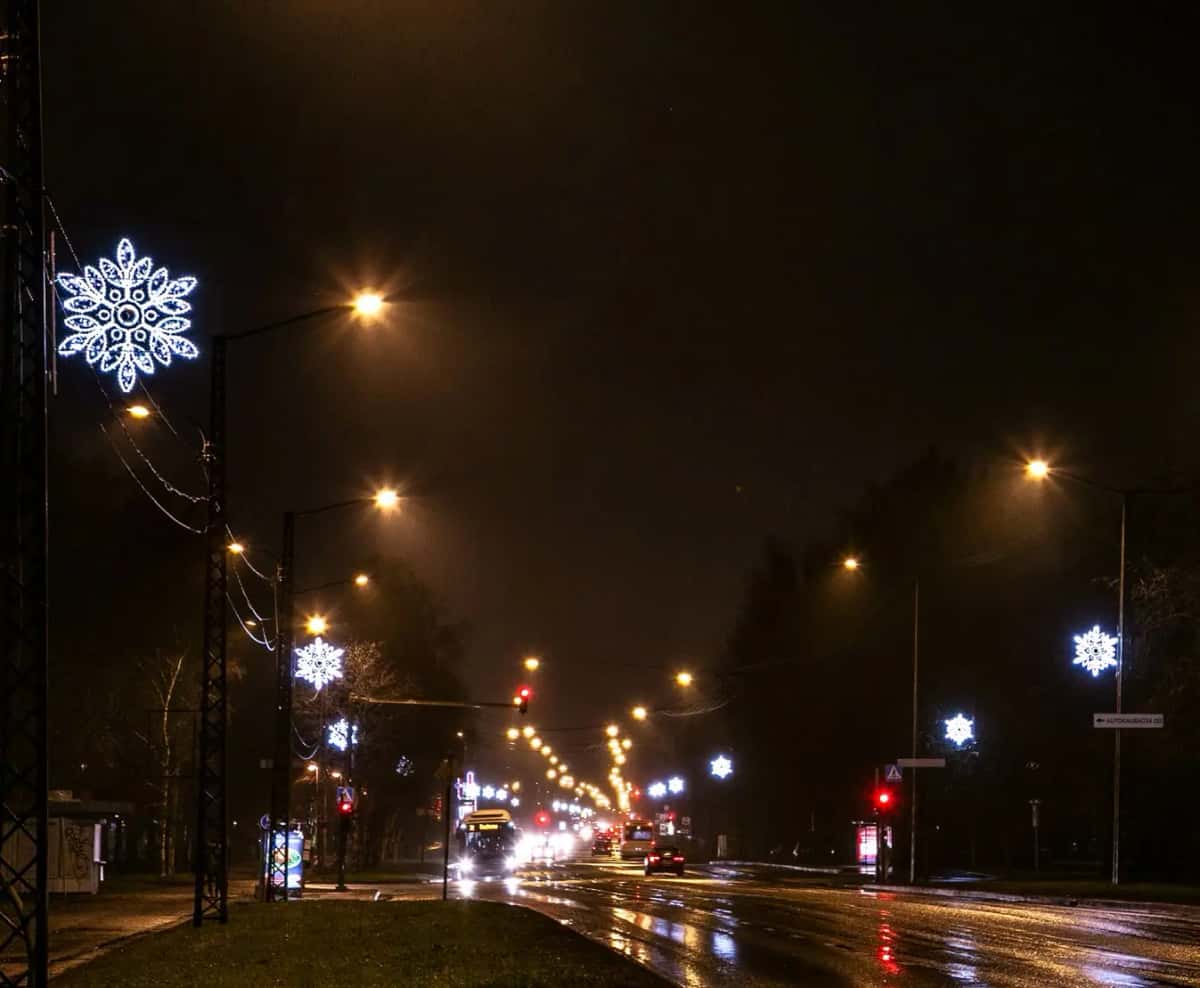 Islak yolda sıralı lamba direklerinde soğuk beyaz kar tanesi motifleri, gece