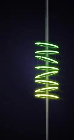 Koyu fonda ince direğe sarılı, yeşil sarı neon halkalı sarmal motif