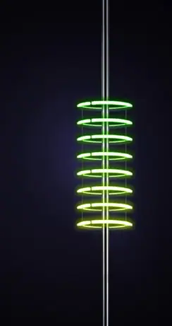 Koyu fonda ince direğe sarılı, sık aralıklı yeşil neon halka motifi