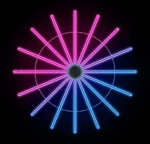 Siyah fonda merkezden ışınlanan pembeden maviye geçişli neon disk motifi