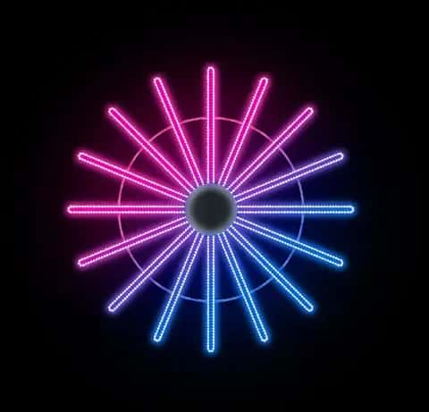 Siyah fonda daha sık çubuklu, pembe mavi geçişli neon disk motifi