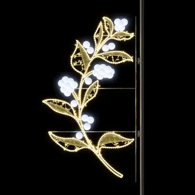 Siyah fonda direğe bağlı, altın yapraklı ve beyaz çiçekli LED dal motifi