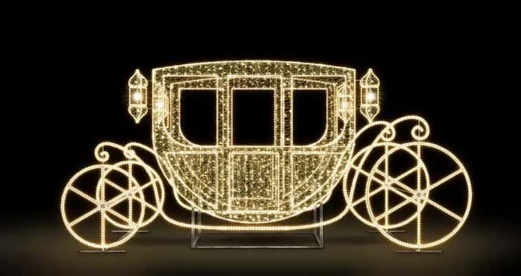 Siyah fonda iki büyük tekerlekli, kapalı kabinli sıcak beyaz LED fayton