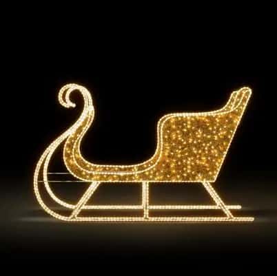 Siyah fonda altın sarısı LED döşemeli Noel kızağı, sıcak beyaz çerçeve