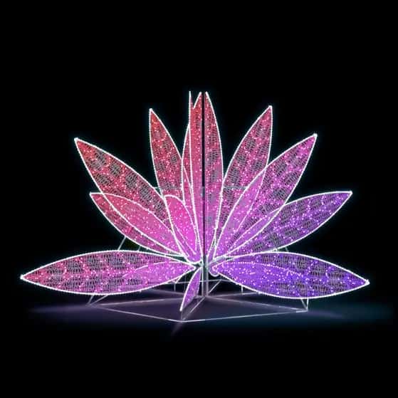 Siyah fonda geniş yapraklı pembe ve mor LED çiçek figürü