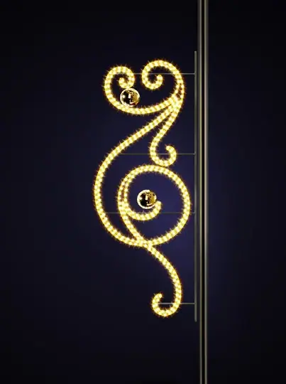 Koyu fonda direğe monte spiral kıvrımlı altın LED motif, küçük top
