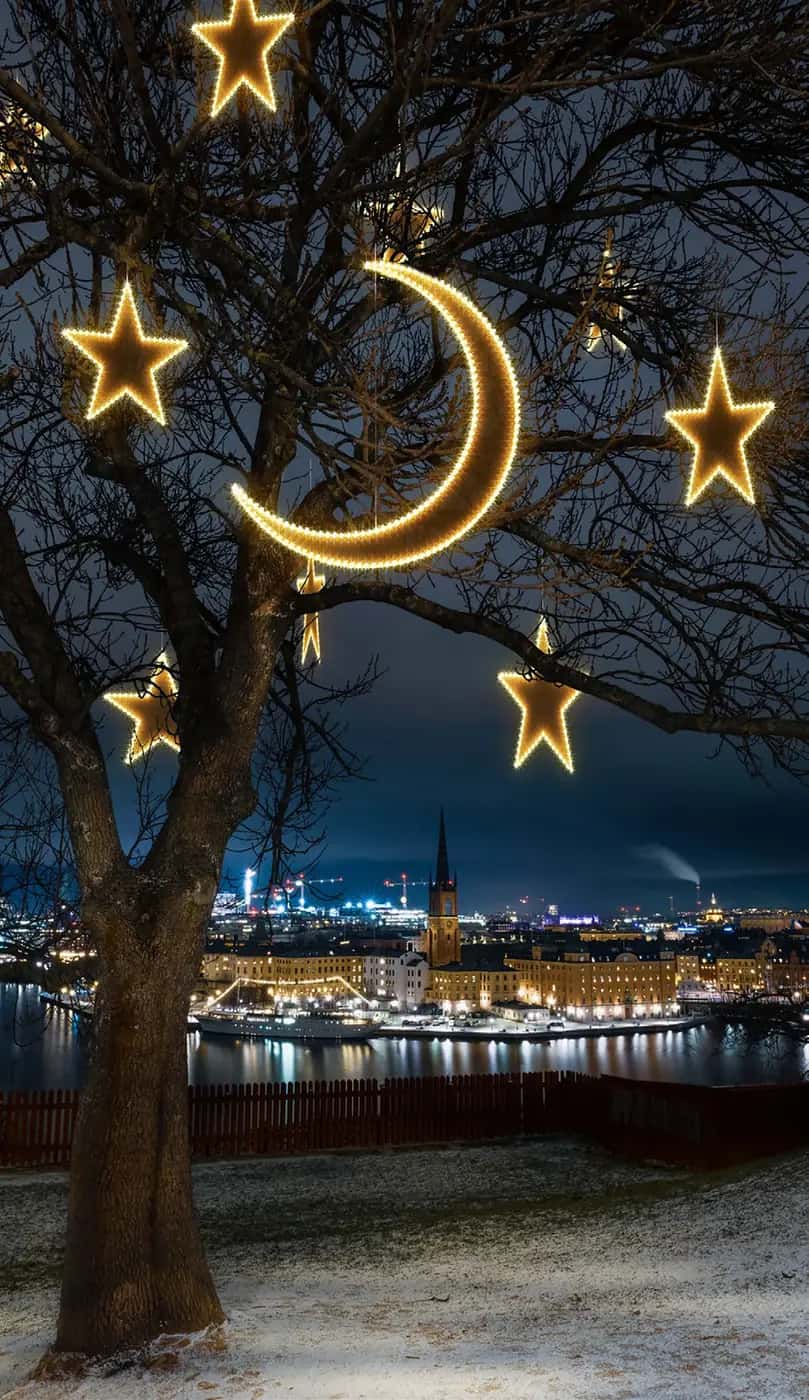 Çıplak ağaç dallarında asılı altın hilal ve yıldız figürleri, arkada gece şehir manzarası